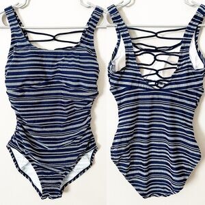 Merona Navy Blue Full Coverage One Piece Swimsuit Lace Back Medium Swim Suit M